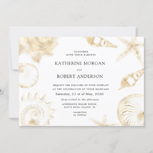 Beach wedding golden blue Wedding Invitation