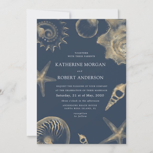 Beach wedding golden blue Wedding Invitation (Front)