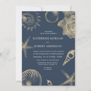 Beach wedding golden blue Wedding Invitation