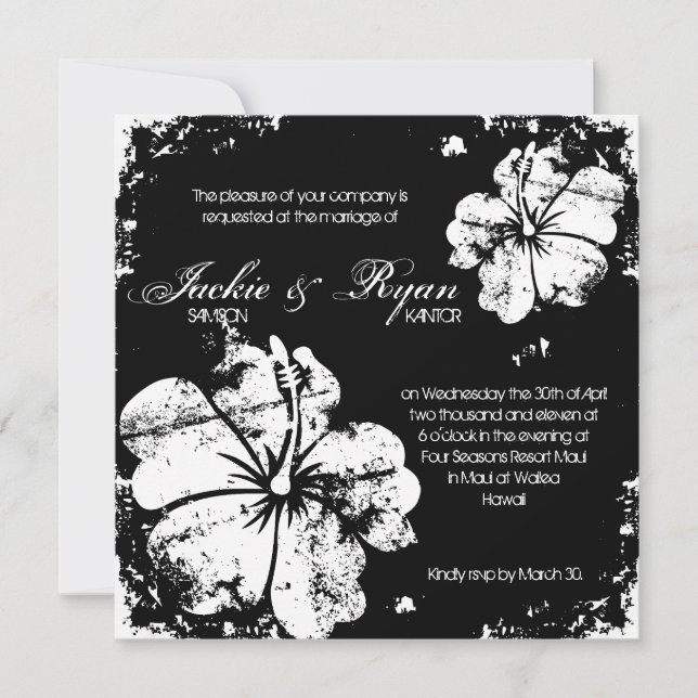 Beach Wedding Grunge Hibiscus Black & White Invitation (Front)