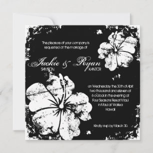 Beach Wedding Grunge Hibiscus Black & White Invitation