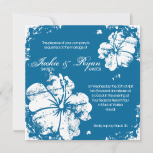 Beach Wedding Grunge Hibiscus Blue Denim Invitation