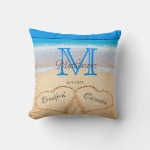 Beach Wedding Hearts in Sand Family Monogram Throw Pillow