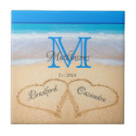 Beach Wedding Hearts in Sand Family Monogram  Tile<br><div class="desc">Wedding Hearts in Sand Family Monogram,  Bride  Groom Tile</div>