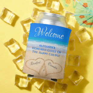 Beach Wedding Hearts in Sand Welcome Can Cooler