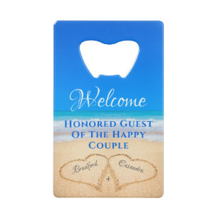  Beach Wedding Hearts in Sand Welcome  Credit Card Bottle Opener