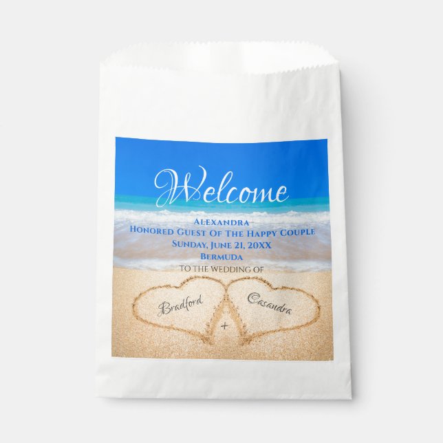  Beach Wedding Hearts in Sand Welcome Favour Bag (Front)