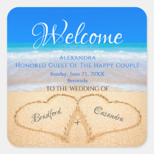 Beach Wedding Hearts in Sand Welcome Keepsake Square Sticker
