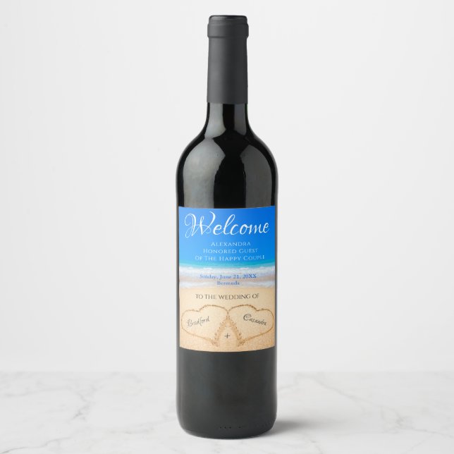  Beach Wedding Hearts in Sand Welcome Keepsake Wine Label (Front)