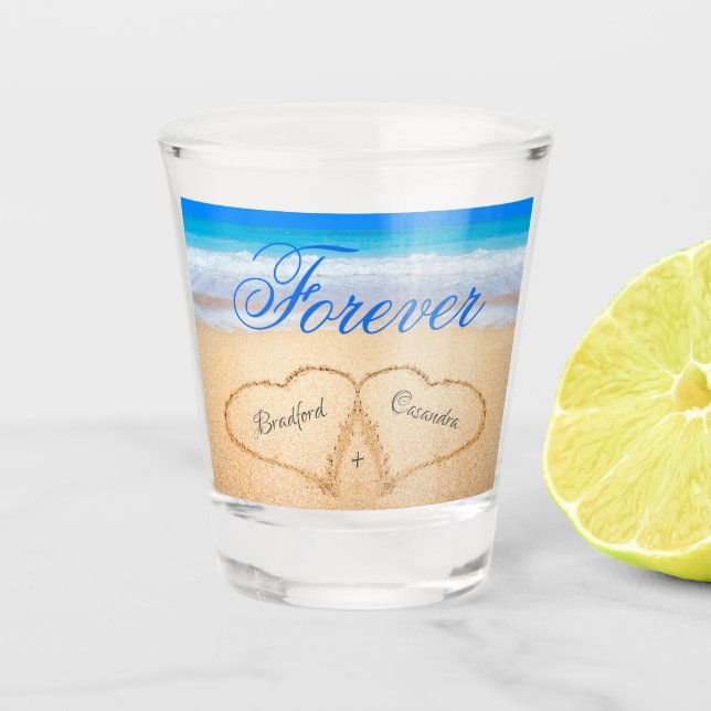  Beach Wedding Hearts in Sand Welcome  Shot Glass (Front)