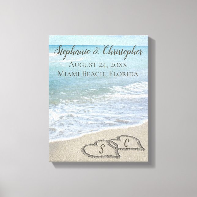 Beach Wedding Hearts in the Sand Elegant Canvas Print (Front)