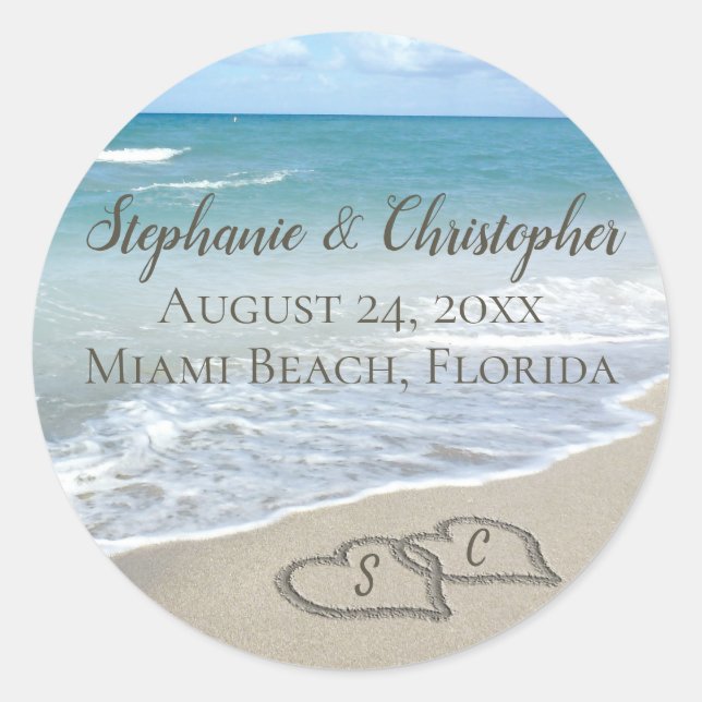 Beach Wedding Hearts in the Sand Elegant Classic Round Sticker (Front)