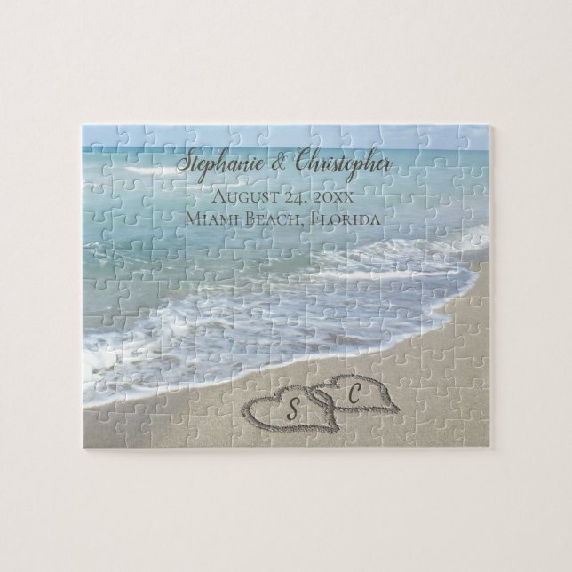 Beach Wedding Hearts in the Sand Elegant Jigsaw Puzzle (Horizontal)