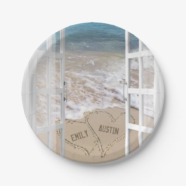 Beach Wedding Hearts in Window Paper Plate (Front)