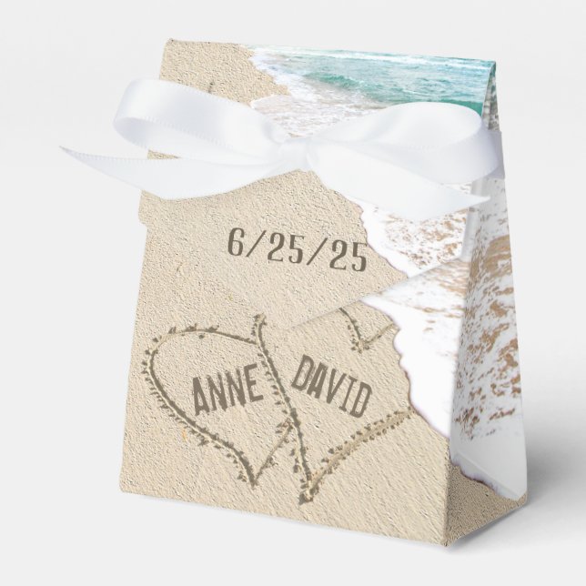 Beach Wedding Hearts On Sand Favor Box (Front Side)