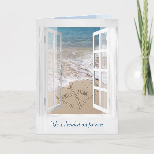 Beach Wedding Hearts with Names Card (Front)