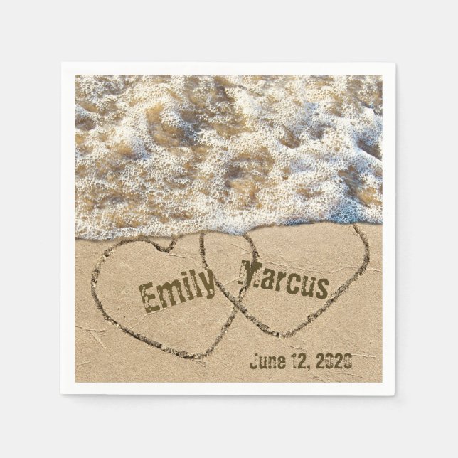 Beach Wedding Hearts with names Napkin (Front)