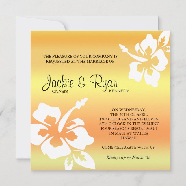 Beach Wedding Invitation Hibiscus Yellow Orange (Front)