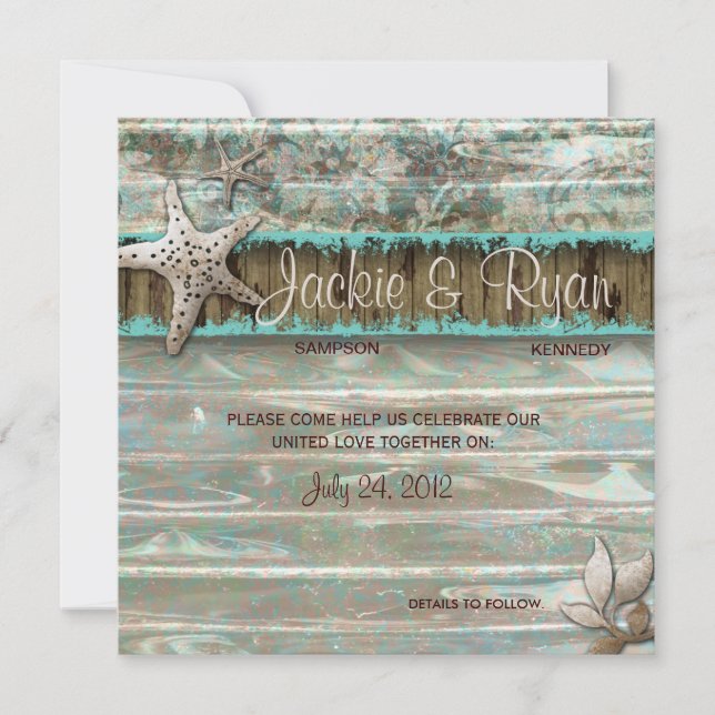 Beach Wedding Invitation Seashell Blue Vintage (Front)