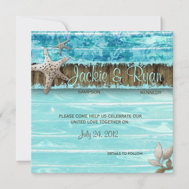 Beach Wedding Invitation Seashell Blue Wood (Front)