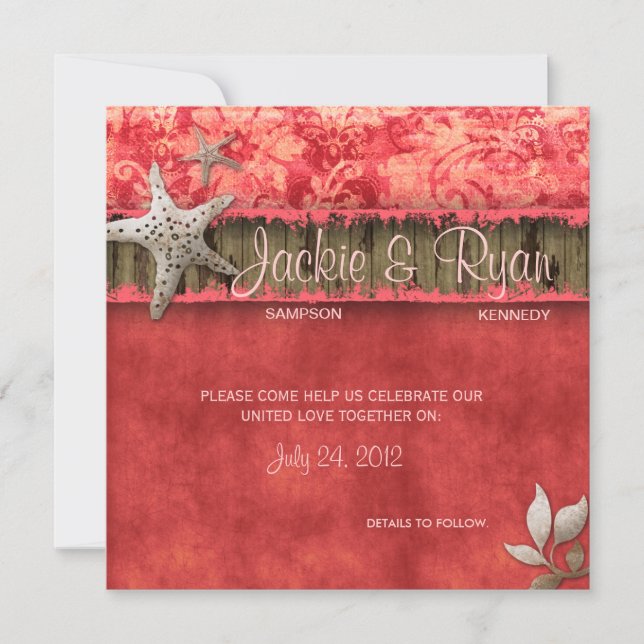 Beach Wedding Invitation Seashell Coral Red (Front)