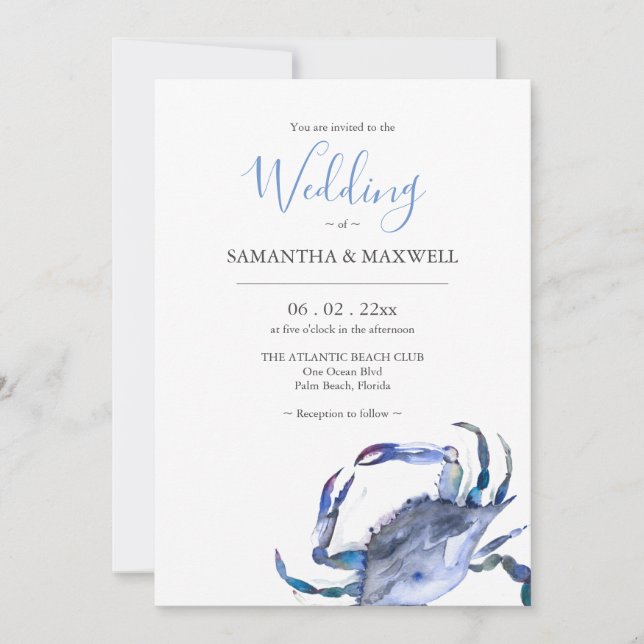 Beach Wedding Invitations Watercolor Blue Crab (Front)