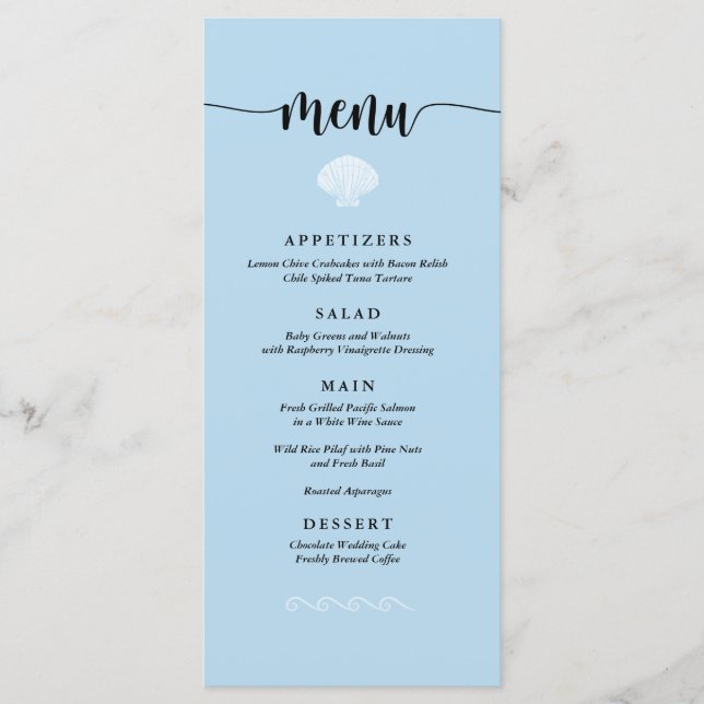 Beach Wedding Menu Seashell Seaside Beach Blue (Front)