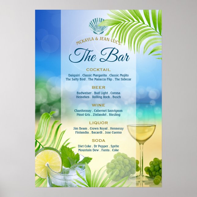 Beach Wedding Mojito Wine Palm Open Bar Menu Poster (Front)