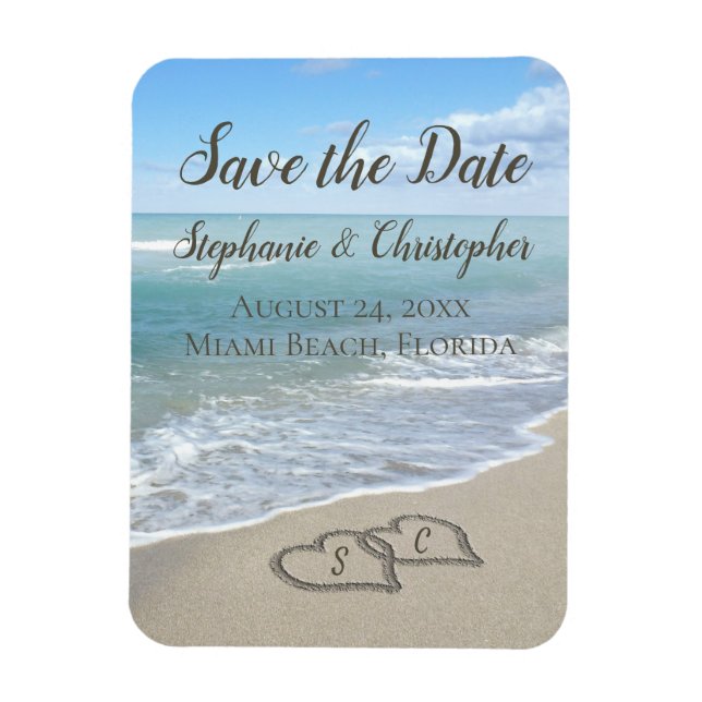 Beach Wedding Monogram Hearts in the Sand Magnet (Vertical)