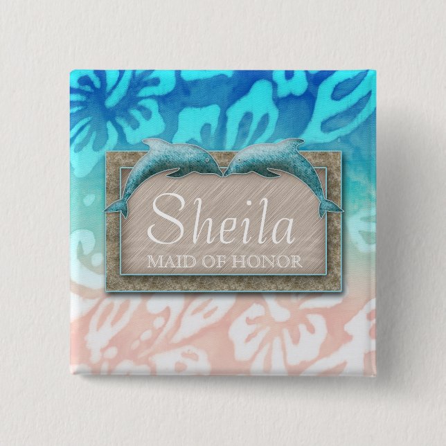 Beach Wedding Name Tag Button Dolphin Luau Party (Front)