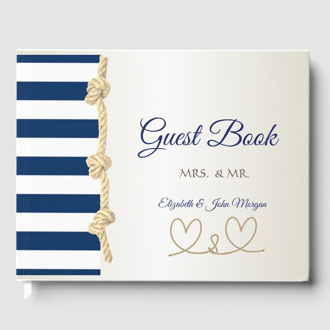 Beach  Wedding Navy Rope, Hearts ,Stripes Guest Book (Front)