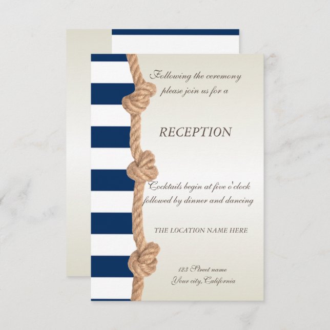 Beach  Wedding Navy Rope,Hearts,Stripes Reception Invitation (Front/Back)