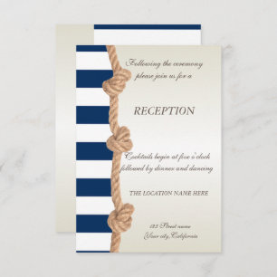 Beach Wedding Navy Rope,Hearts,Stripes Reception Invitation