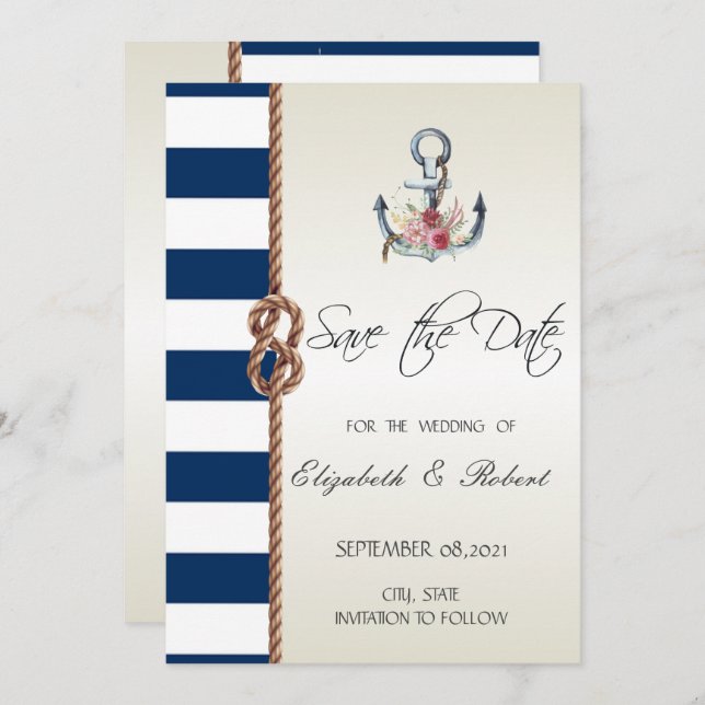 Beach Wedding Navy Rope,Striped Save The Date (Front/Back)