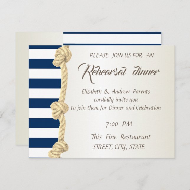 Beach Wedding Navy Rope,Stripes  Rehearsal Dinner Invitation (Front/Back)