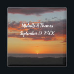 Beach Wedding Orange Sunset Pacific Guest Favor Magnet<br><div class="desc">This beach wedding guest favor magnet features a photo of the sun setting over the Pacific Ocean. The sunset lights up the sky and underside of the clouds in bright orange with a stripe of gray blue still visible between the clouds. The foreground captures the dunes in shadow as the...</div>