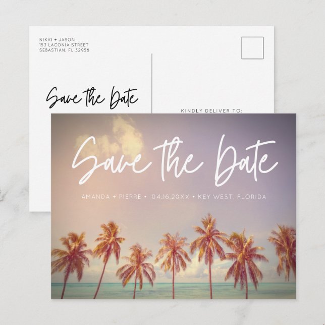 Beach Wedding Palm Tree Budget Save the Date Announcement Postcard (Front/Back)