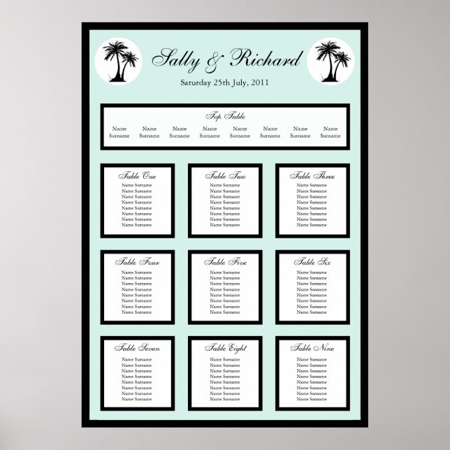 Beach Wedding Palm Tree Table Seating Plan Print (Front)