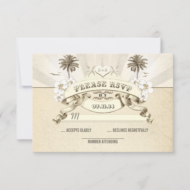 beach wedding palms starfish sun rays wedding RSVP (Front)