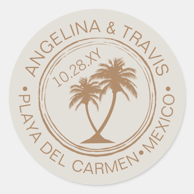 Beach Wedding Passport Stamp with Palm Tree Classic Round Sticker (Front)