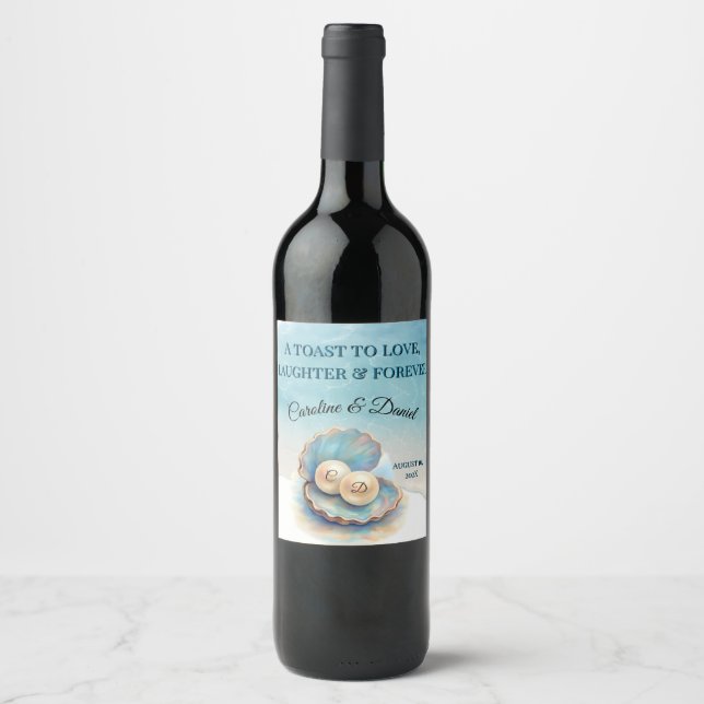 Beach Wedding Pearls Shell Elegant Ocean Theme  Gi Wine Label (Front)