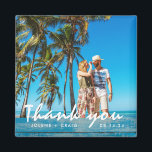 Beach Wedding Photo Thank You  Magnet<br><div class="desc">Wedding thank you favour magnets for your beach wedding,  customized with your photo,  names and wedding date. Modern blue beach wood design with "thank you" in a white handwritten font.</div>