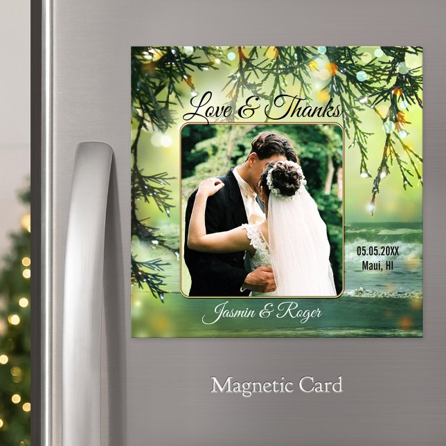 Beach Wedding Photo Thank You Magnetic Card (Wedding Thank You magnetic card featuring your photo framed by a festive teal sparkling beach )