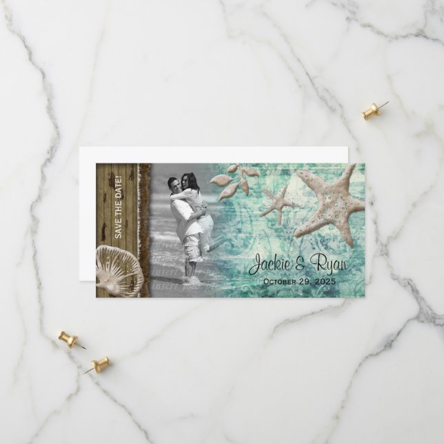 Beach Wedding Photocard Seashell Sage Green Save The Date (Front/Back In Situ)