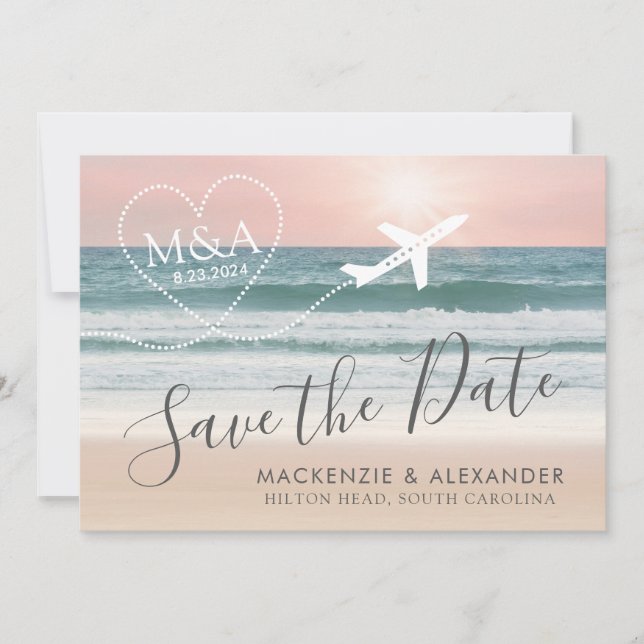 Beach Wedding Pink Ocean Sunset Save The Date (Front)
