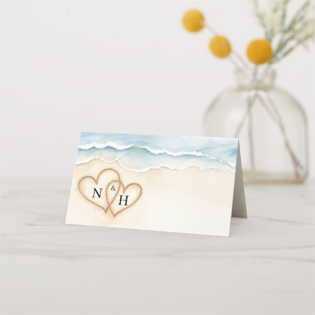Beach Wedding Place Card with Sand Hearts Design (Front)