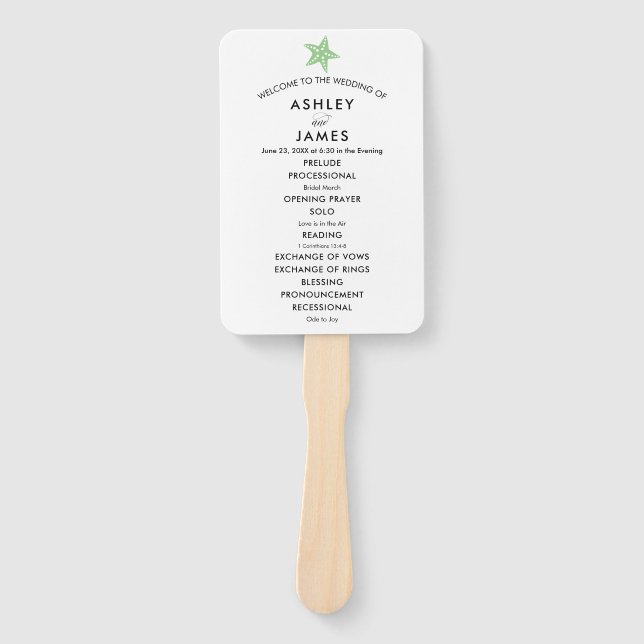 Beach Wedding Program Fan with Starfish, Green (Front)