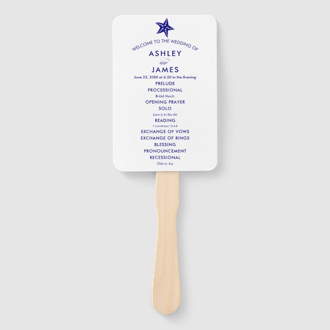 Beach Wedding Program Fan with Starfish, Navy Blue (Front)