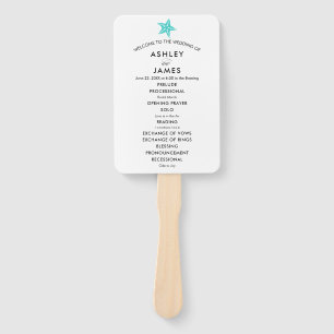 Beach Wedding Program Fan with Starfish, Turquoise