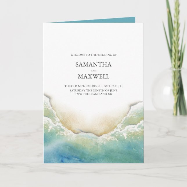 Beach Wedding Program Templates Watercolor Ocean (Front)